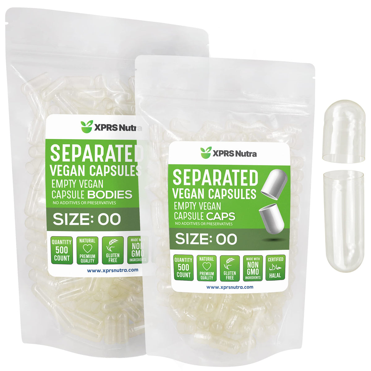 XPRS Nutra Vegan Size 00 Separated Capsules - 500 Count Premium Empty