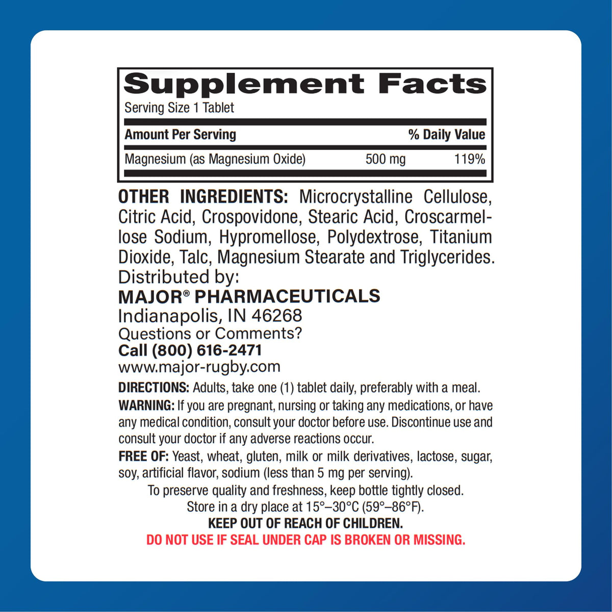 Major Magnesium 500mg - Magnesium Oxide Tablets - Dietary Supplement