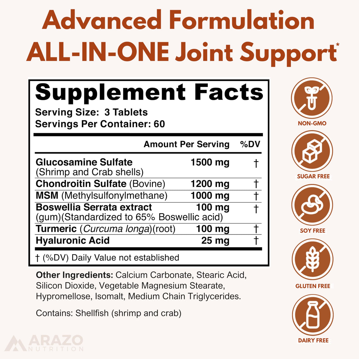 Arazo Nutrition Glucosamine Chondroitin MSM Turmeric Joint Support - 180 Tablets - image 2