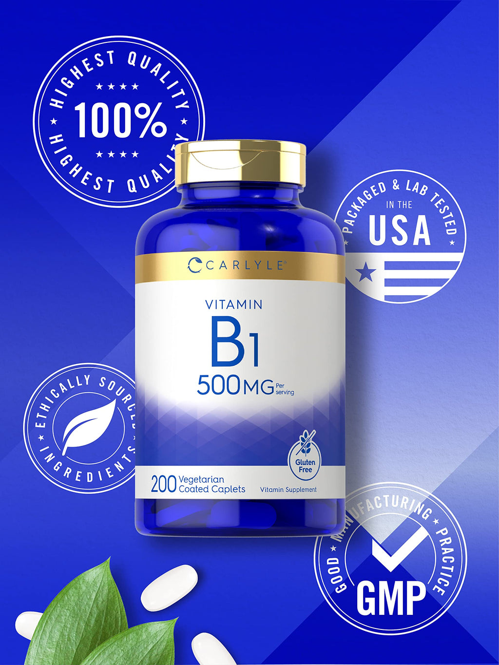 Carlyle Vitamin B1 500mg Thiamine - 200 Vegetarian Caplets - image 5