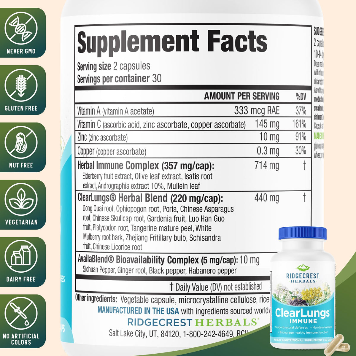 RidgeCrest Herbals ClearLungs Immune Mullein & Elderberry - 60 Capsules - image 3