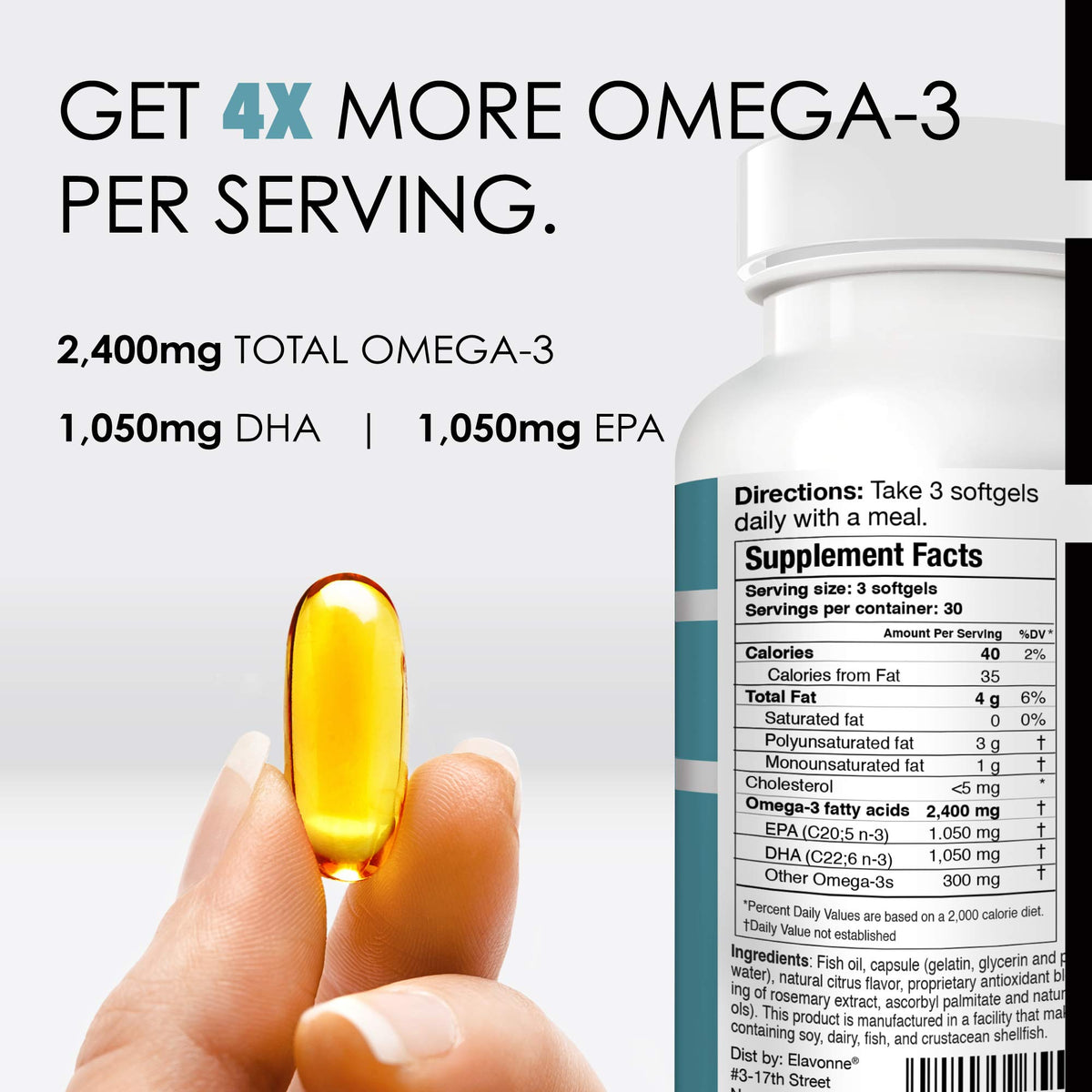 E´LAVONNE E'LAVONNE Omega-3 Fish Oil 2,400mg - 90 Softgels - image 2