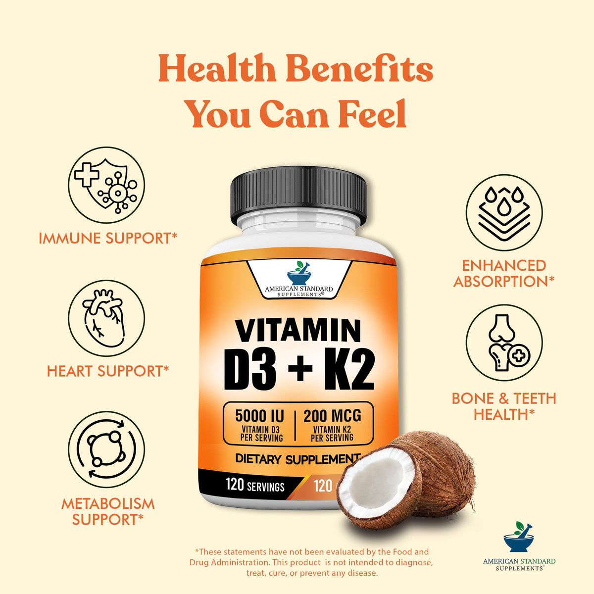 American Standard Supplements Vitamin D3 5000 IU Plus K2 - 120 Capsules - image 4
