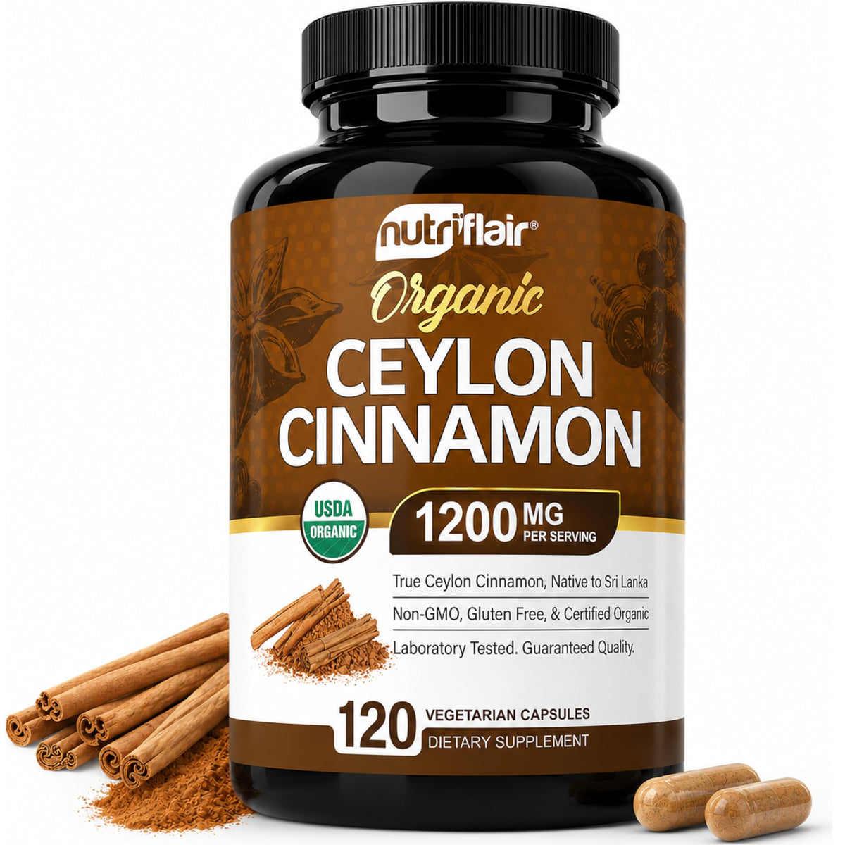 NutriFlair Organic Ceylon Cinnamon Supplement 1200mg - 120 Capsules