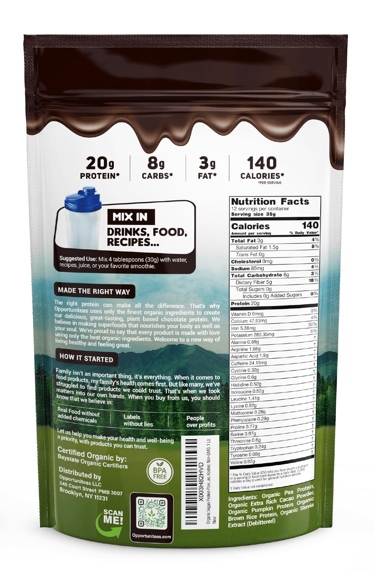 Opportuniteas Organic Plant Based Chocolate Protein Powder - 1 lb - image 2