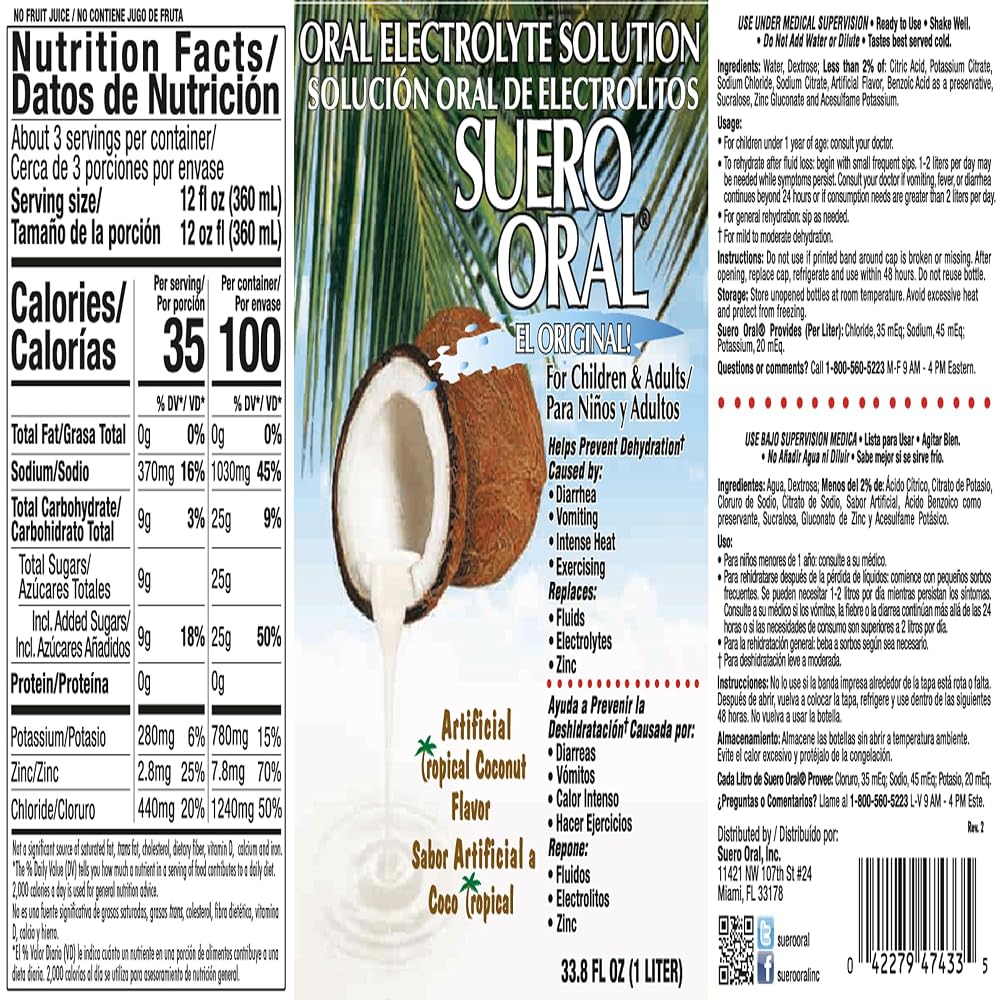 Suero Oral Electrolyte Solution Coconut Flavor - 33.8 Fl Oz - image 2