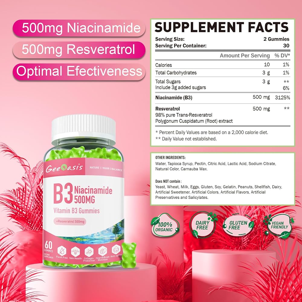 Geeoasis Niacinamide 500mg Gummies with Resveratrol - 60 Count - image 2