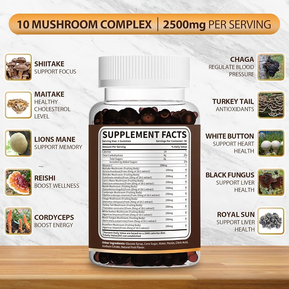 Vakasa Mushroom Gummies 10 Blend 2500mg Brain & Immune Support - 60 Gummies - image 2