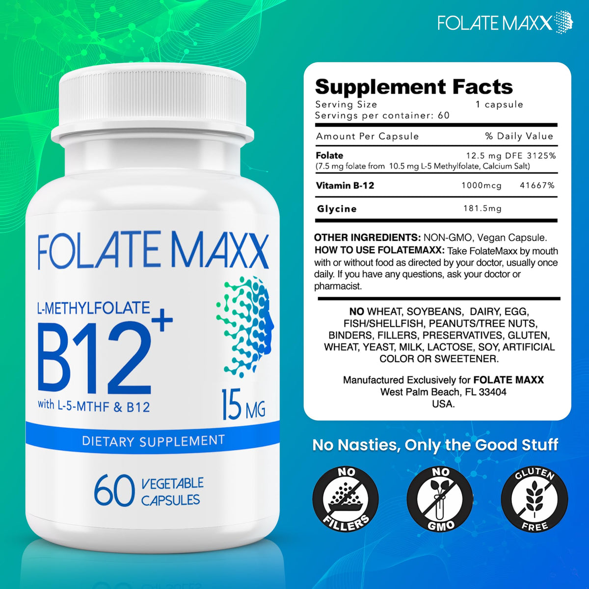 FOLATE MAXX L-Methylfolate + B12 Methylcobalamin Blend - 60 Capsules