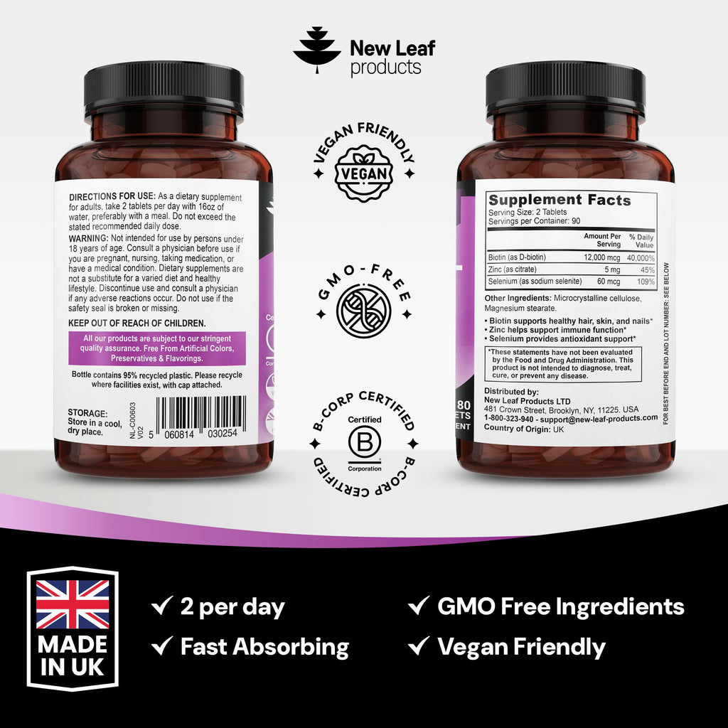 New Leaf Biotin 12000mcg Hair Skin Nails Vitamins - 180 Tablets - image 7