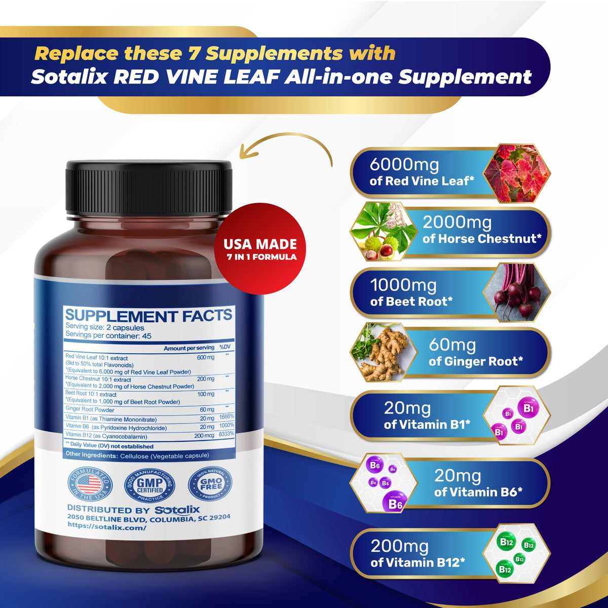 Sotalix Red Vine Leaf 1,500 mg with Horse Chestnut & Beet Root - 90 Capsules - image 2