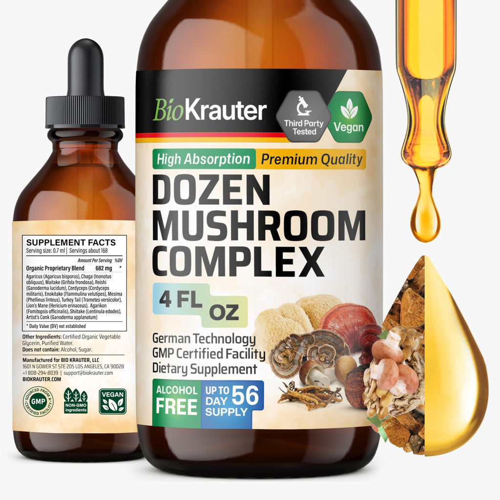 BIO KRAUTER 12-in-1 Mushroom Supplement for Immune Support - 4 Fl Oz