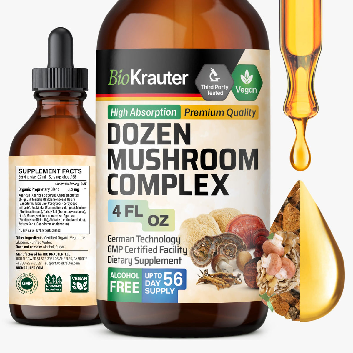 BIO KRAUTER 12-in-1 Mushroom Supplement for Immune Support - 4 Fl Oz