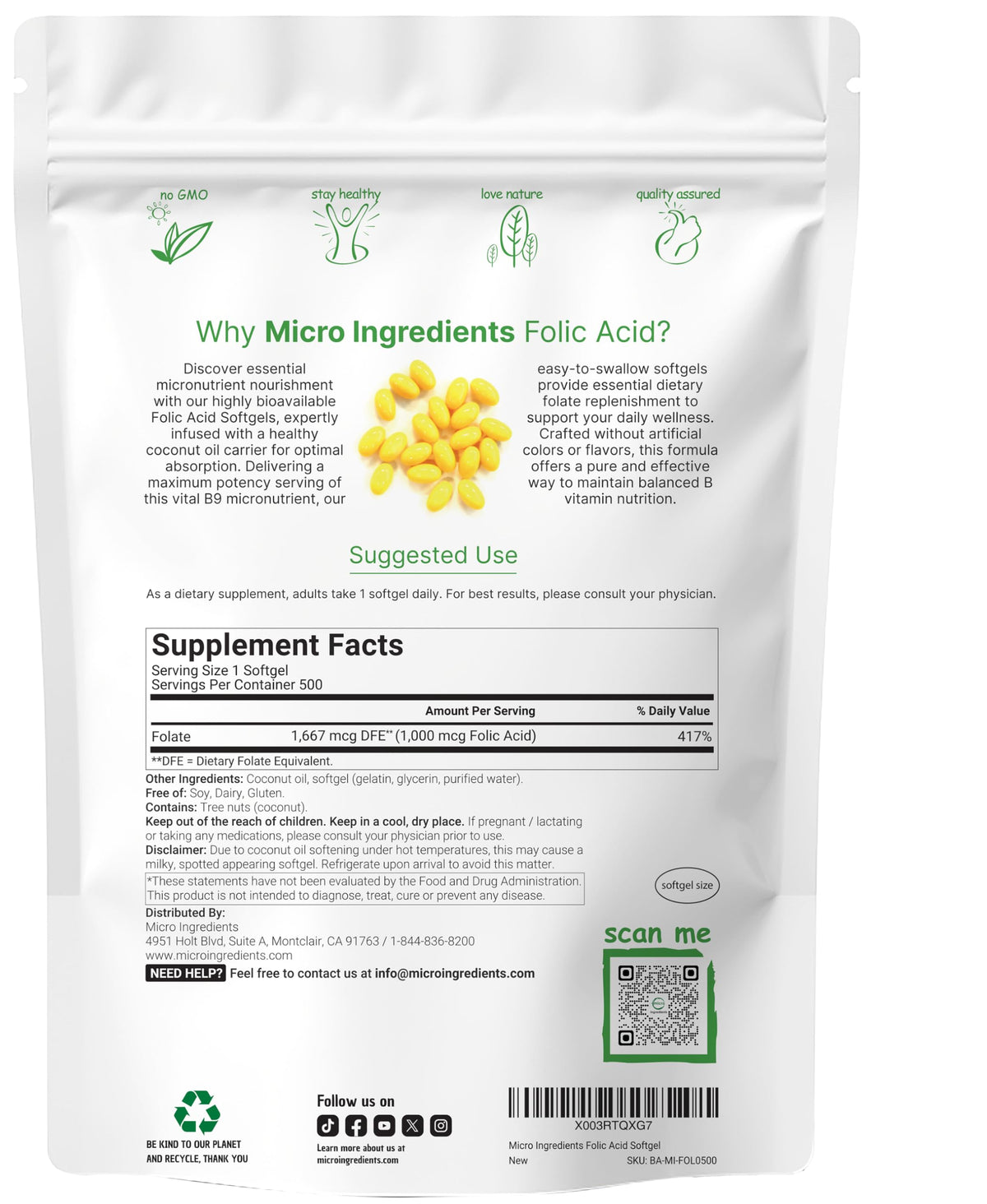 Micro Ingredients Folic Acid 1000 mcg Prenatal Vitamin - 500 Softgels - image 2