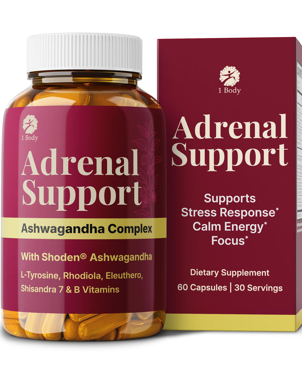 1 Body Adrenal Support Supplement with Ashwagandha - 60 Capsules