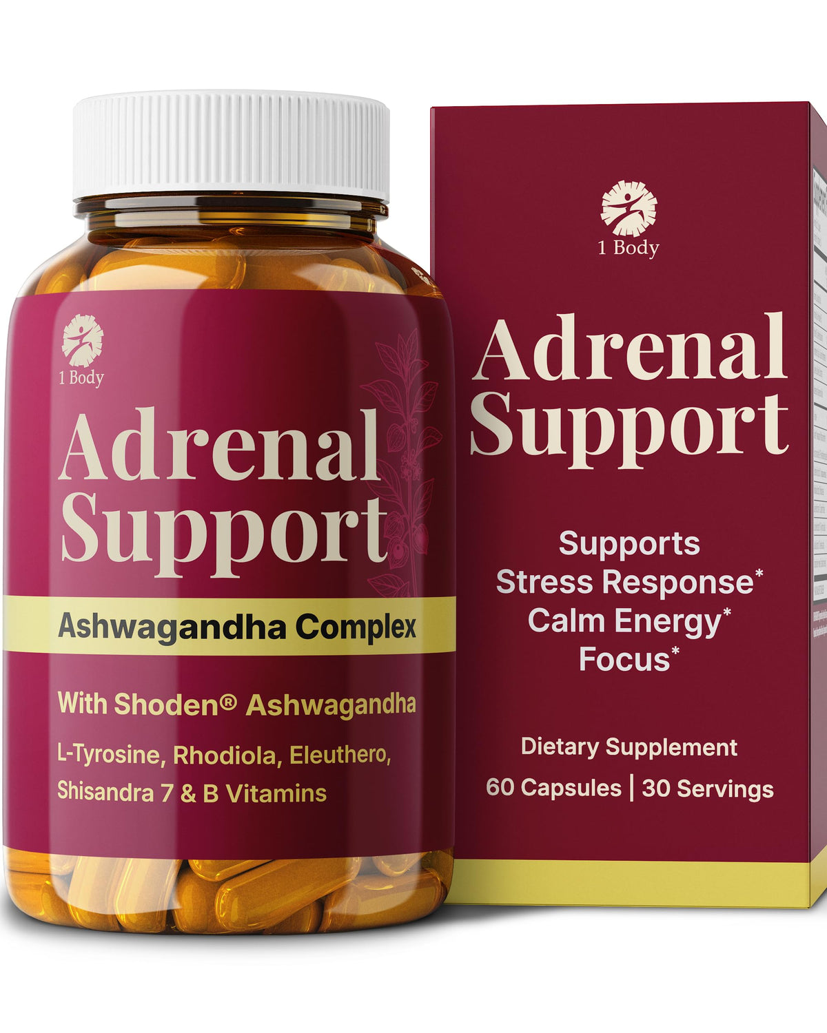 1 Body Adrenal Support Supplement with Ashwagandha - 60 Capsules