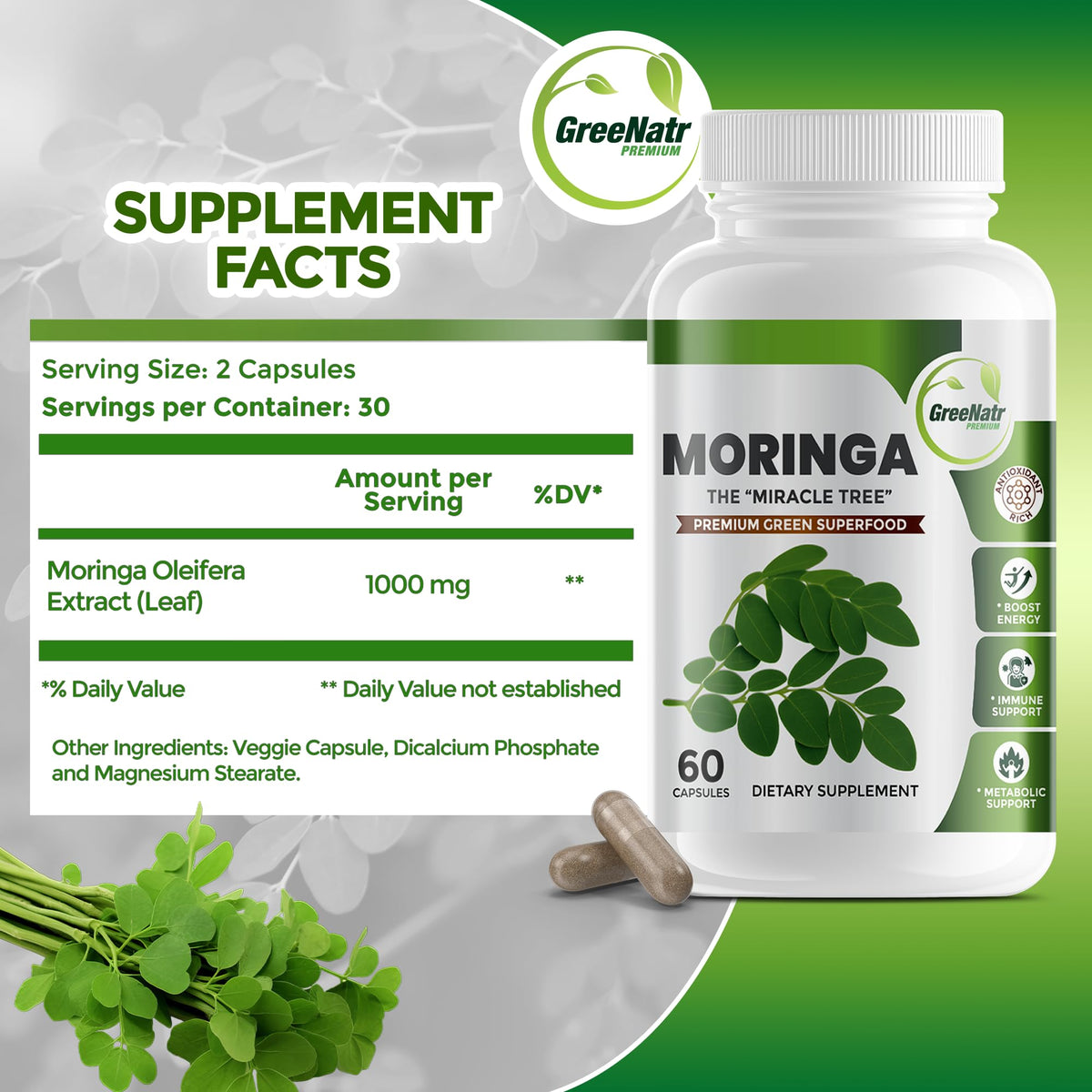 GreeNatr Pure Moringa Oleifera Green Superfood Capsules - 60 Capsules - image 4