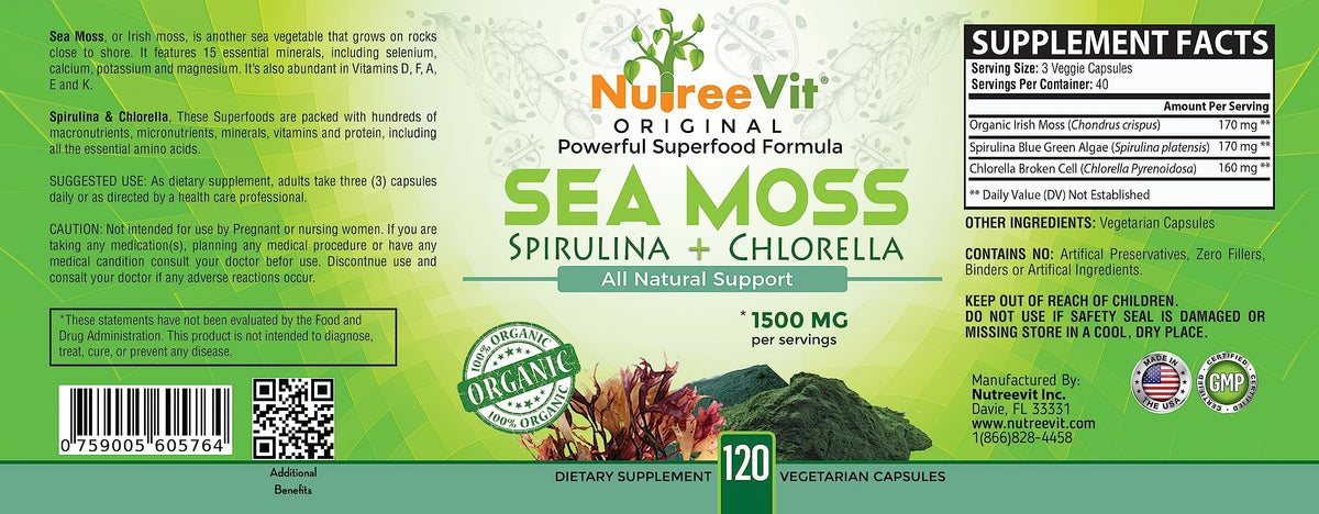 NutreeVit 100% Organic Sea Moss Spirulina Chlorella - 240 Capsules - image 2