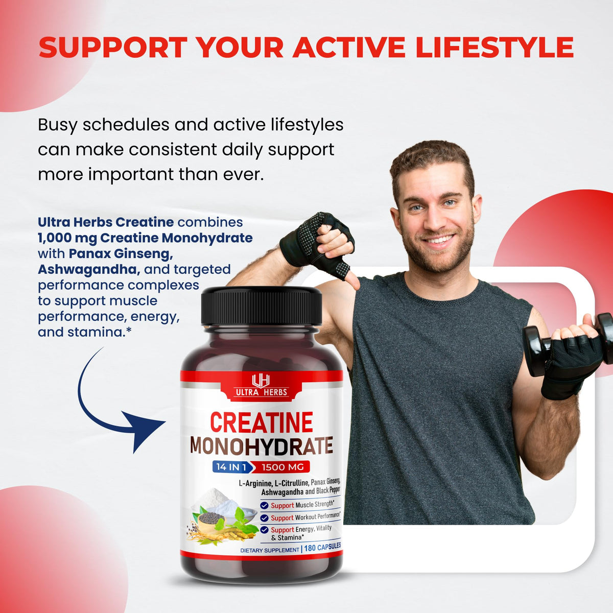 Ultra Herbs Creatine 1500 mg with Ginseng & Ashwagandha - 180 Capsules - image 2