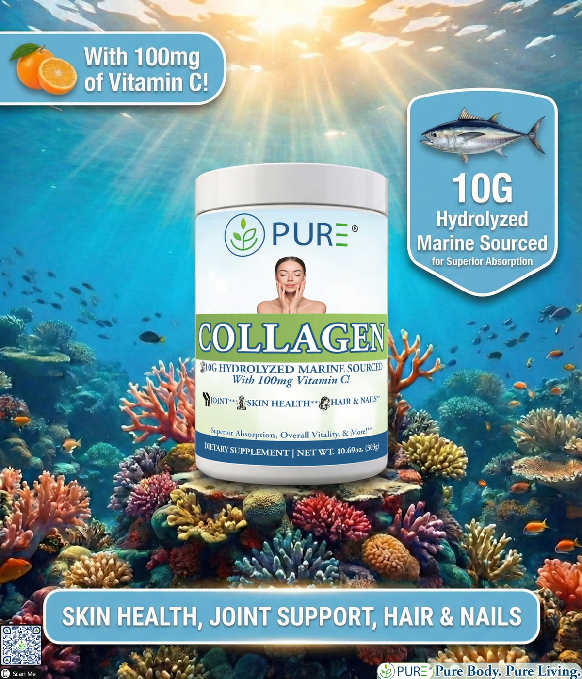 PURE Hydrolyzed Marine Collagen Powder - 30 Servings - image 2