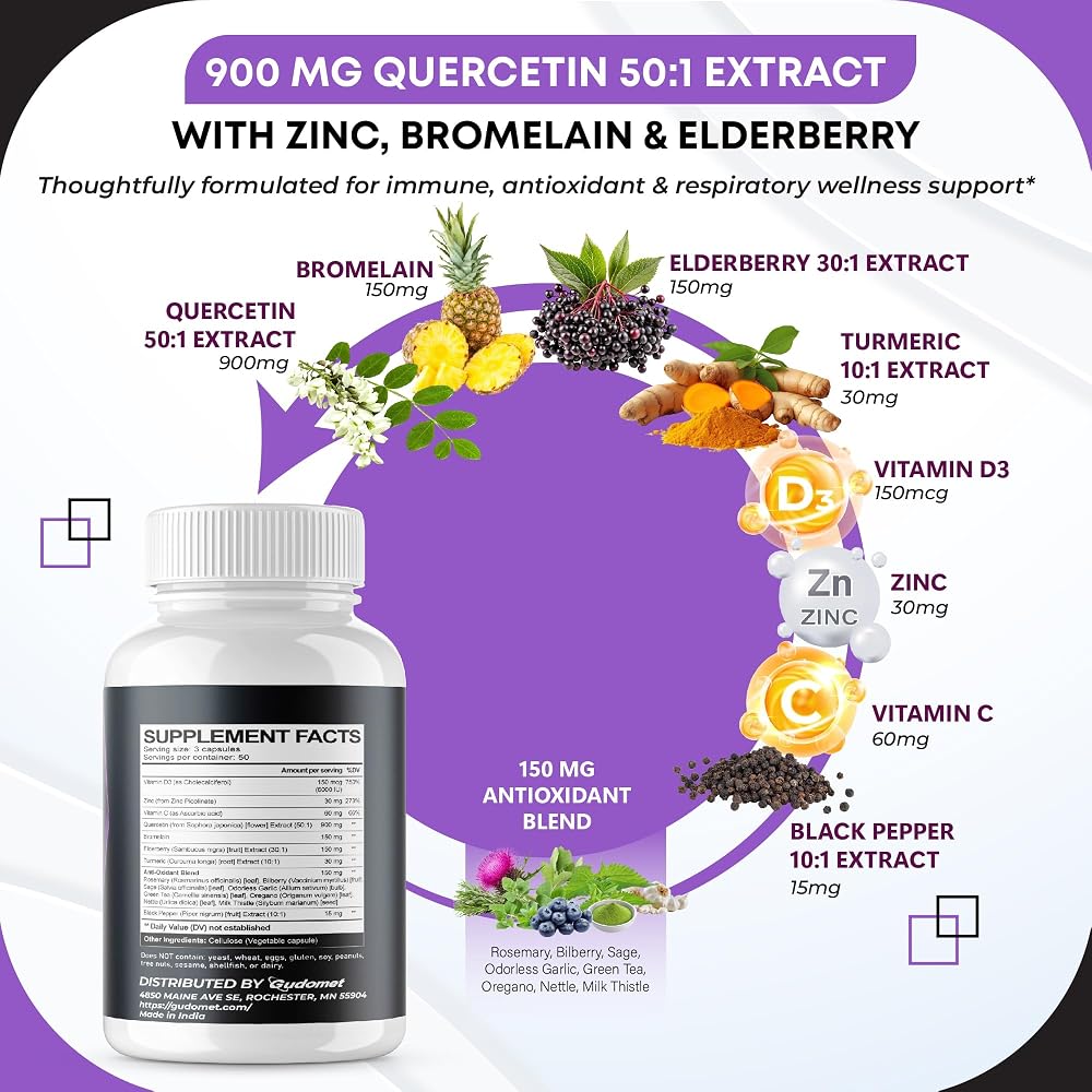 GUDOMET Quercetin 1485 mg Complex with Zinc & D3 - 150 Capsules - image 4