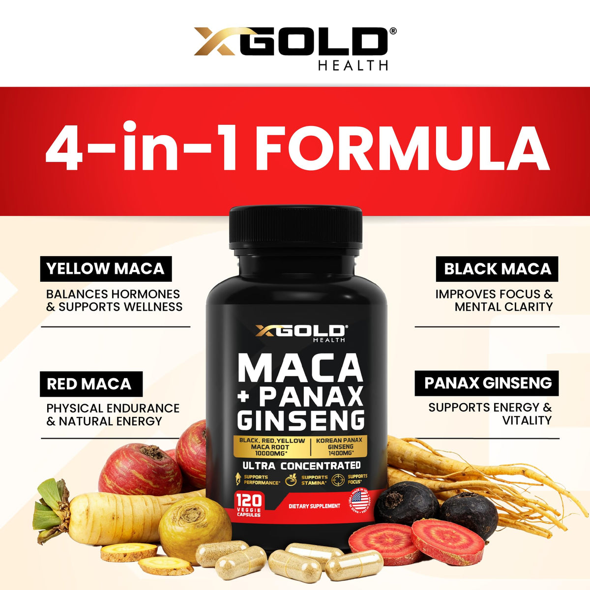 X Gold Health Maca Root & Korean Panax Ginseng Extract - 120 Capsules - image 3