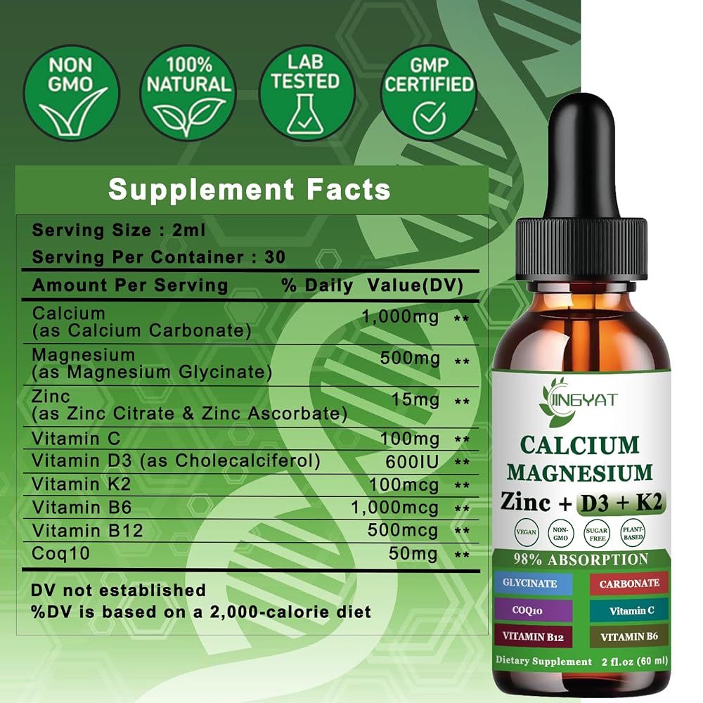 JINGYAT Calcium Magnesium Zinc Liquid Drops for Bone Strength - 2 Fl Oz - image 5