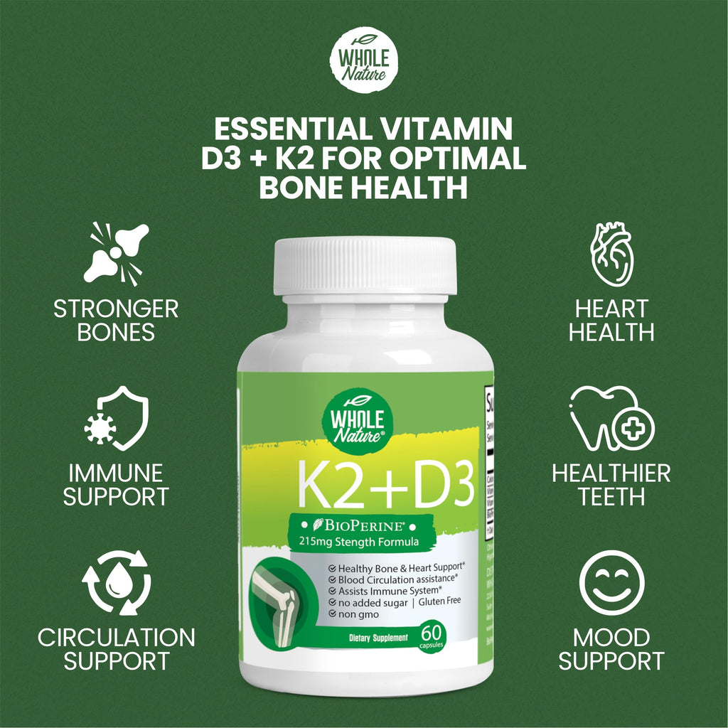 Whole Nature Vitamin K2 D3 Supplement with BioPerine - 60 Vegan Capsules - image 2