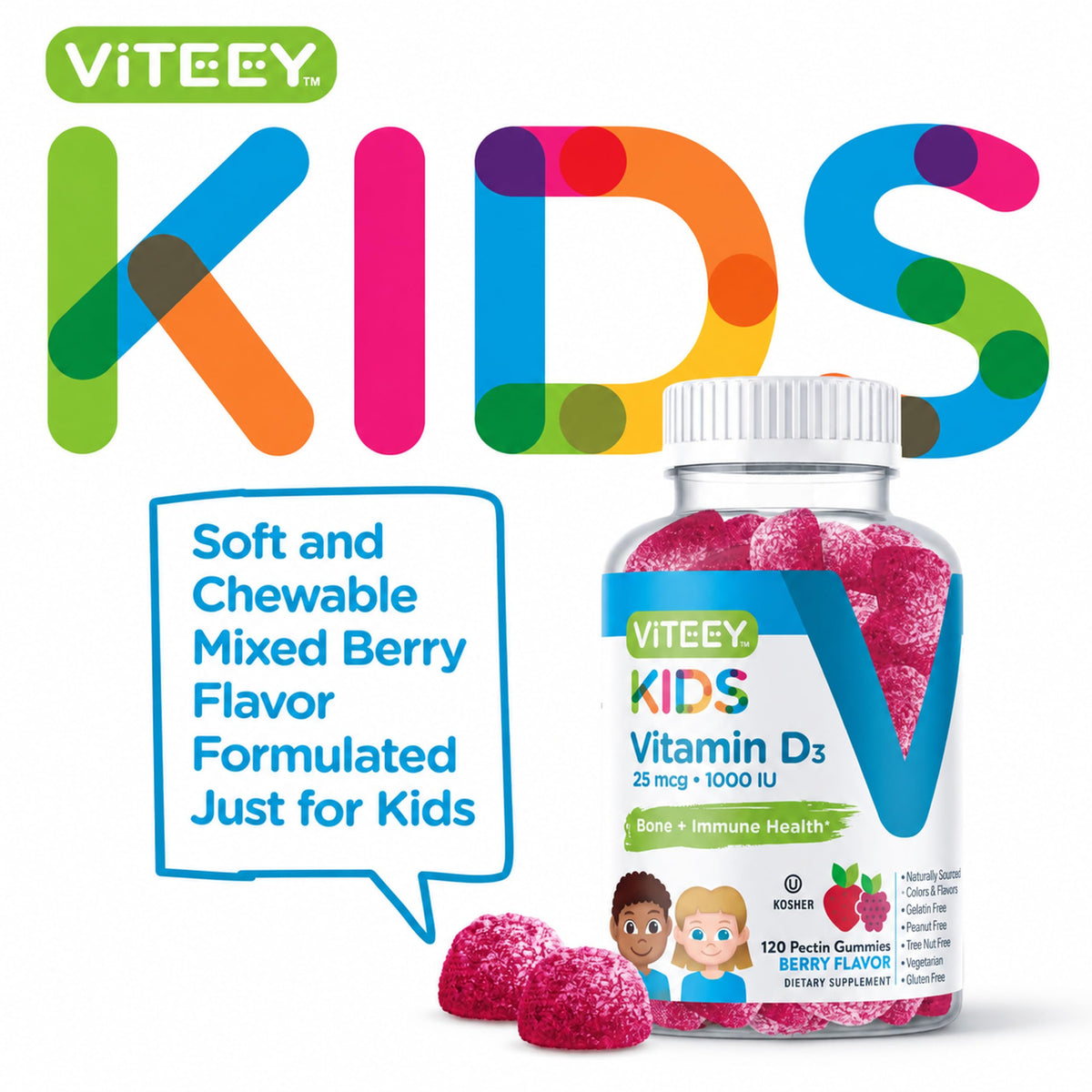 Viteey Vitamin D3 Gummies 25mcg 1000 IU Formulated for Kids - Bone