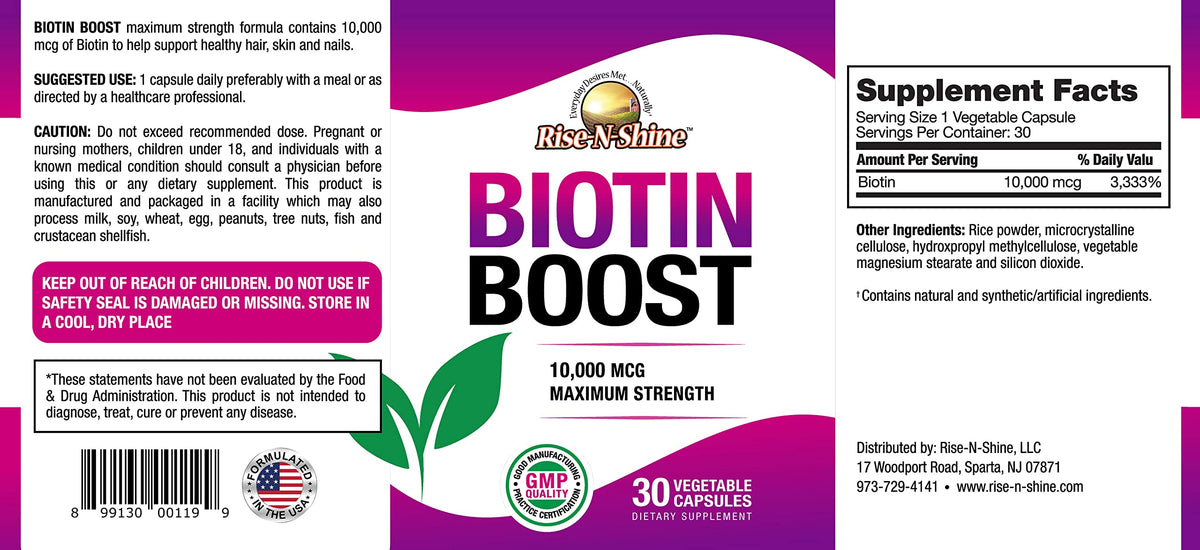 Rise-N-Shine Biotin Boost 10,000 mcg Vegetarian Capsules - 30 Count - image 3