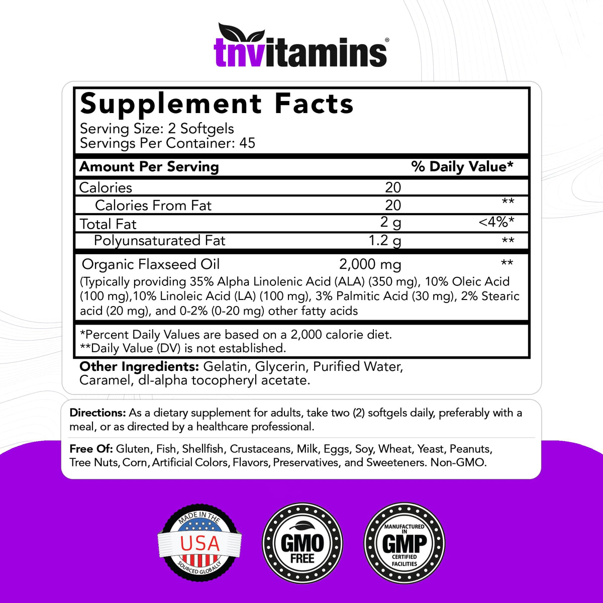 tnvitamins Organic Flaxseed Oil 2000 mg - 90 Softgels - image 2
