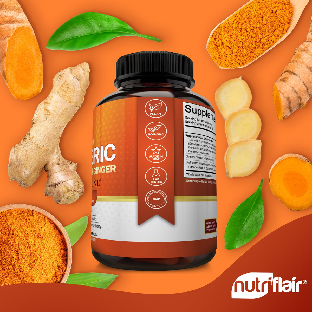 NutriFlair Turmeric Curcumin 2250mg with Ginger & BioPerine - 180 Capsules - image 4