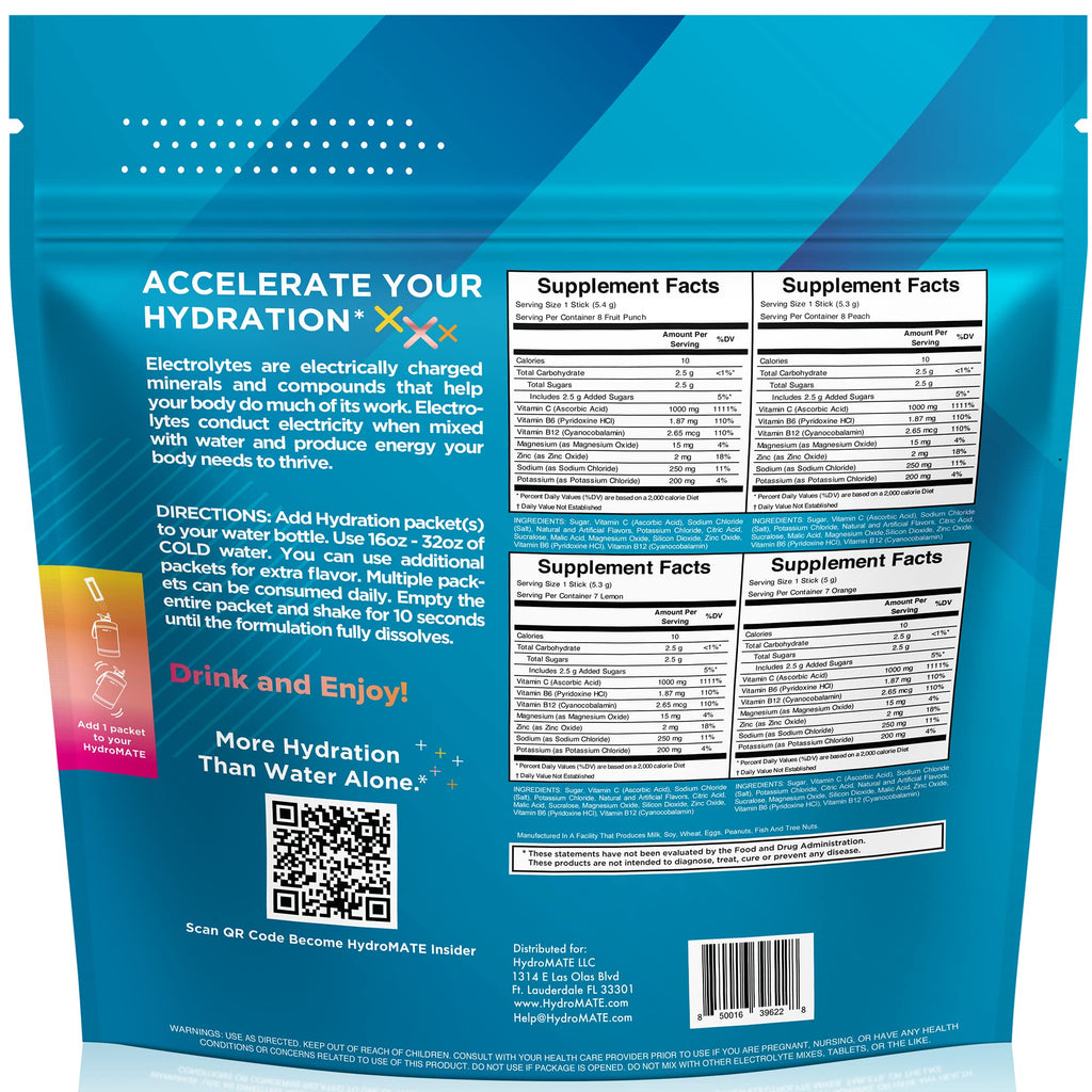 HydroMATE Electrolyte Powder Variety Pack Hydration Packets Low Sugar