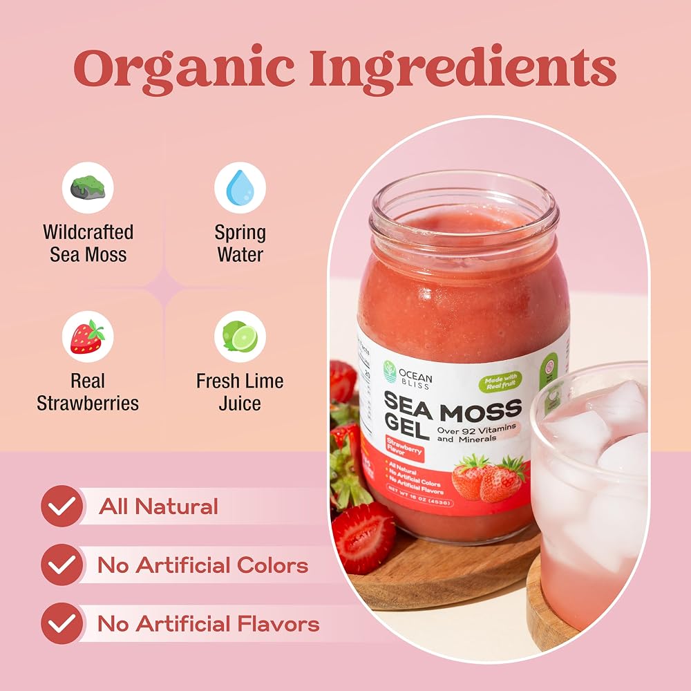 Ocean Bliss Sea Moss Gel Wildcrafted Strawberry - 16 oz - image 2