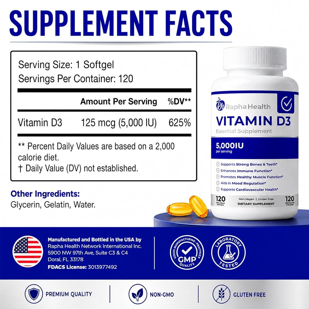 RAPHA HEALTH Vitamin D3 5000 IU Immune & Bone Support - 120 Softgels - image 2