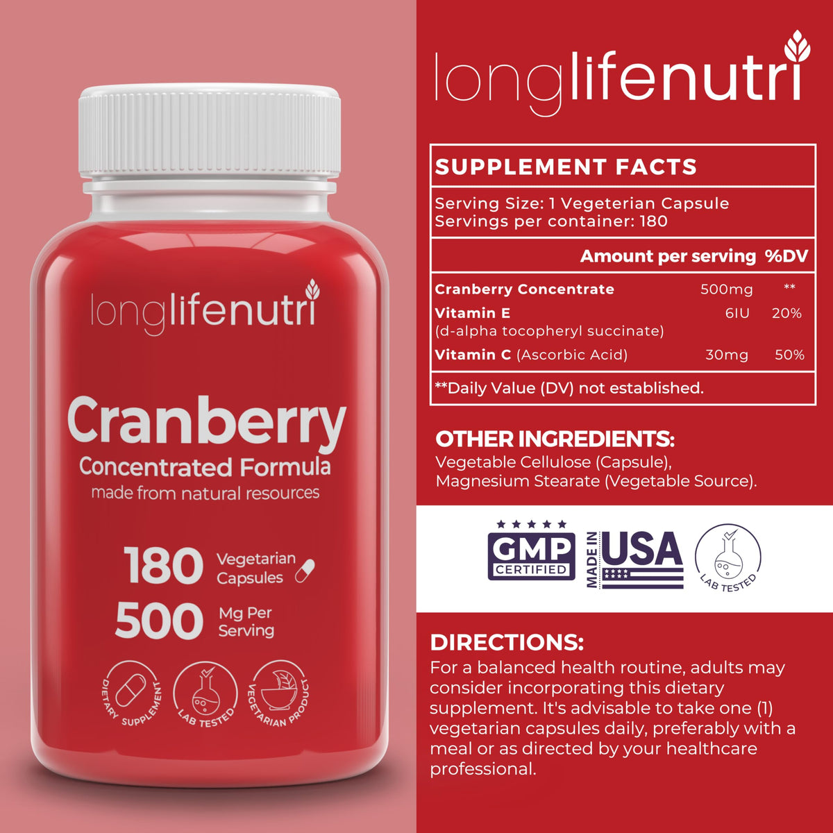 LongLifeNutri Cranberry Extract with Vitamin C & E - 180 Vegetarian Capsules - image 2