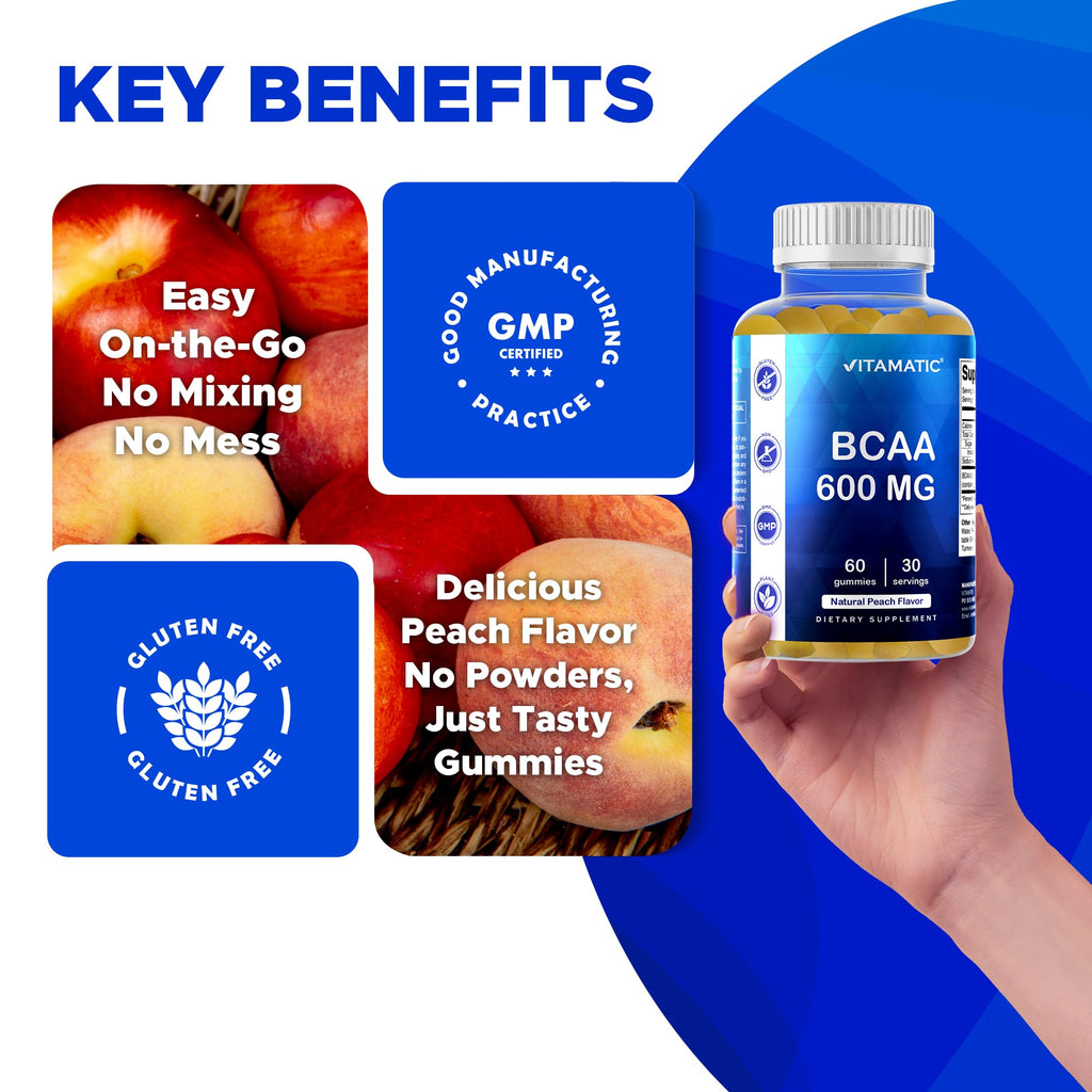 Vitamatic BCAA Gummies - Branch Chain Amino Acid Supplements - Peach