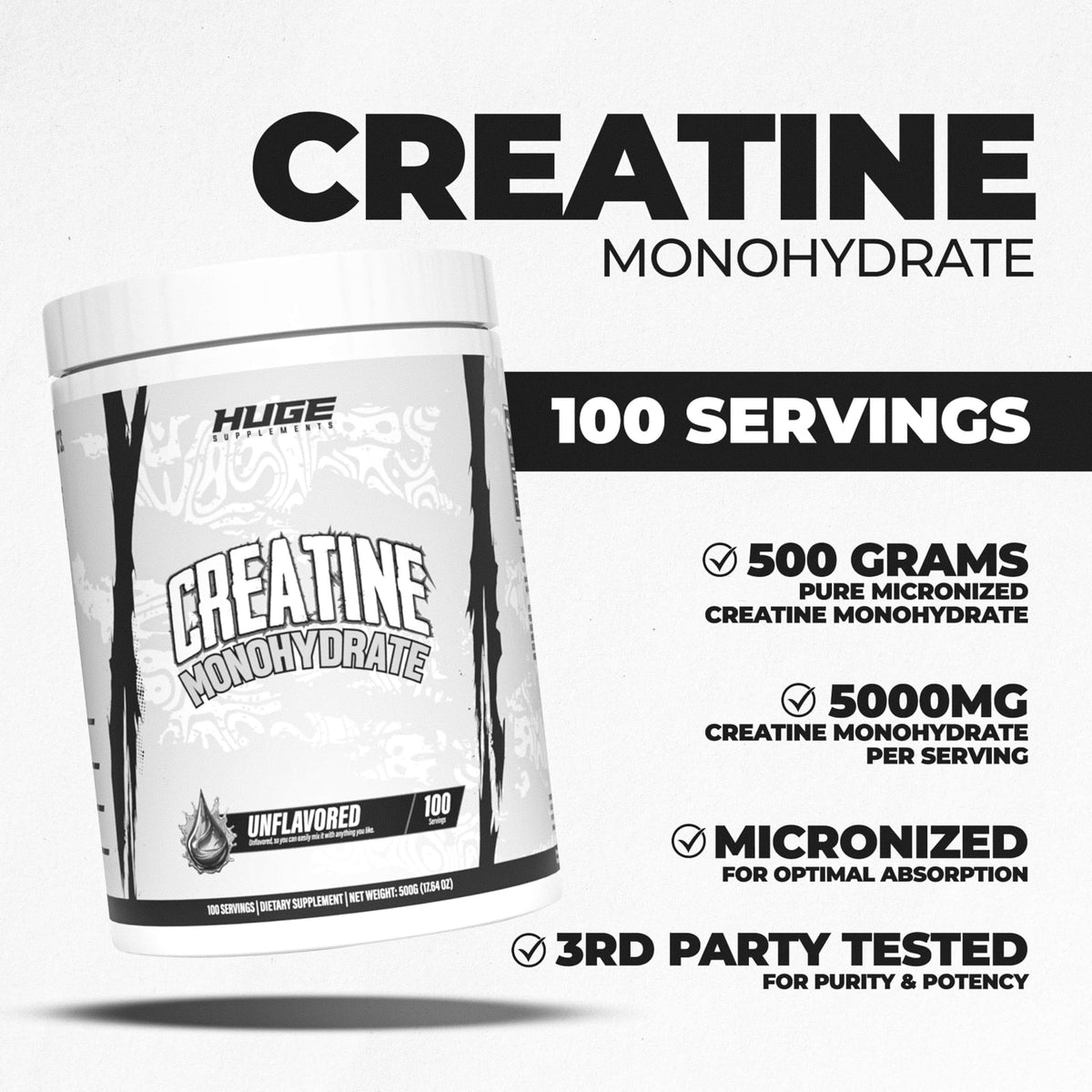 Huge Supplements Pure Micronized Creatine Monohydrate Powder - 500g - image 2