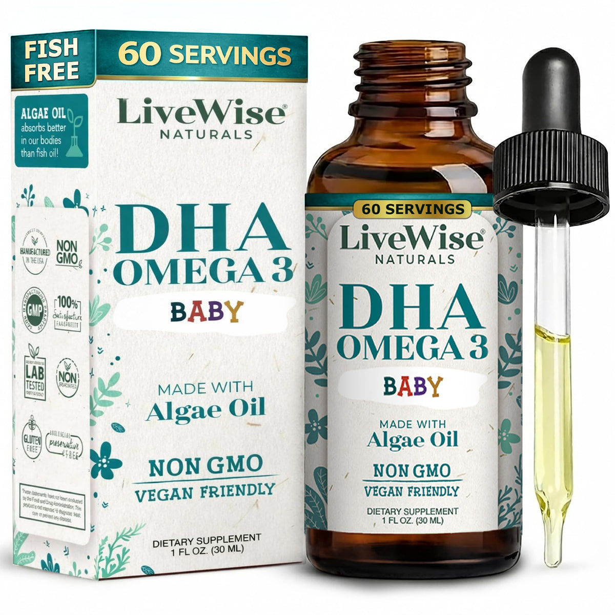 Live Wise Naturals Omega 3 DHA Baby Drops Vegan Liquid - 60 Servings