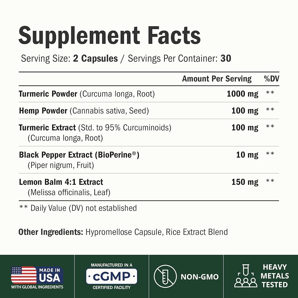Vimerson Health Turmeric Curcumin with Hemp Seeds & Lemon Balm - 120 Capsules - image 2