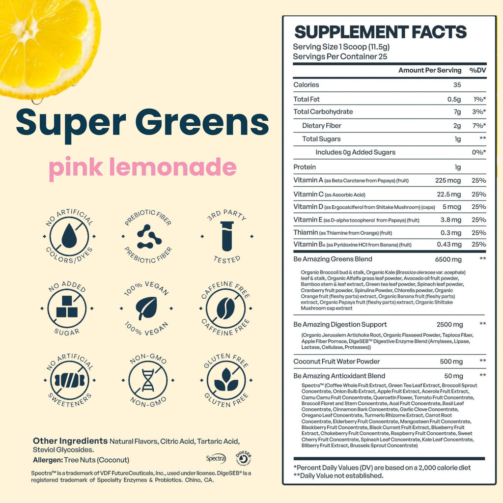 BE Amazing Super Greens Powder Pink Lemonade - 25 Servings - image 5