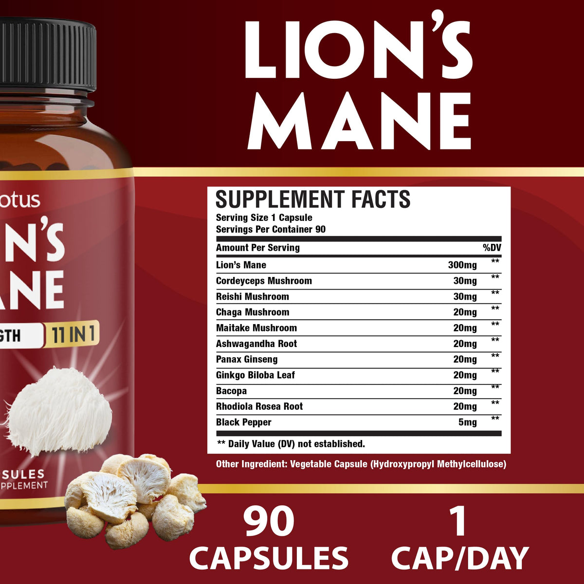 Zolotus Lions Mane Mushroom 11-in-1 Capsules - 90 Capsules - image 2