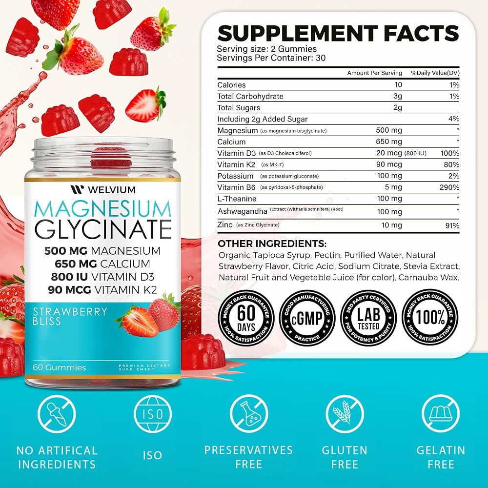 WELVIUM Magnesium Glycinate Gummies with Ashwagandha - 60 Count - image 4