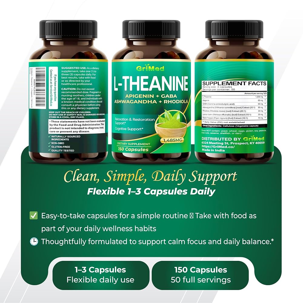 GriMed L-Theanine 1485 mg with Apigenin, GABA & Ashwagandha - 150 Capsules - image 9