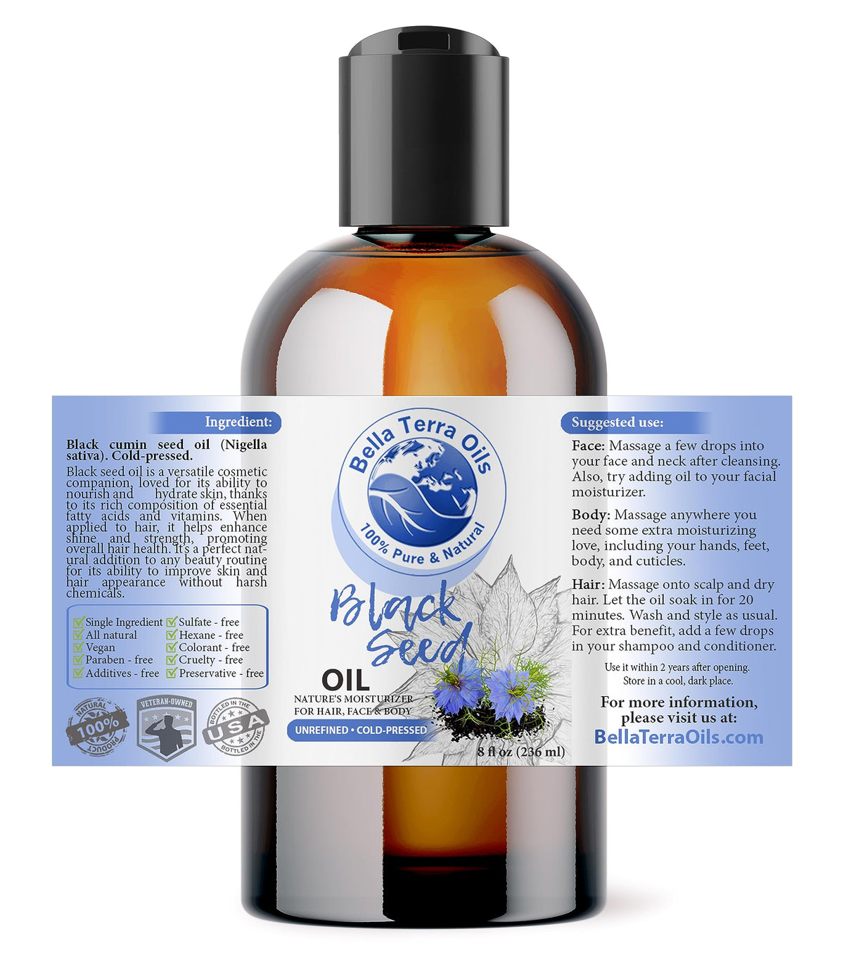 Bella Terra Oils - Black Seed Oil 8 oz - Cold-Pressed & Pure - image 2