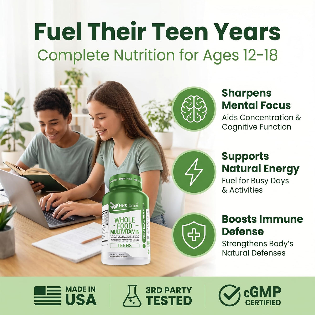 Herbtonics Whole Food Teen Multivitamin for Girls & Boys 12-17 - 60 Capsules - image 2