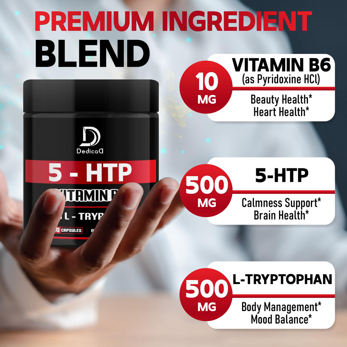 DEDICAD 5-HTP Supplement 1010mg with Vitamin B6 - 60 Capsules - image 3