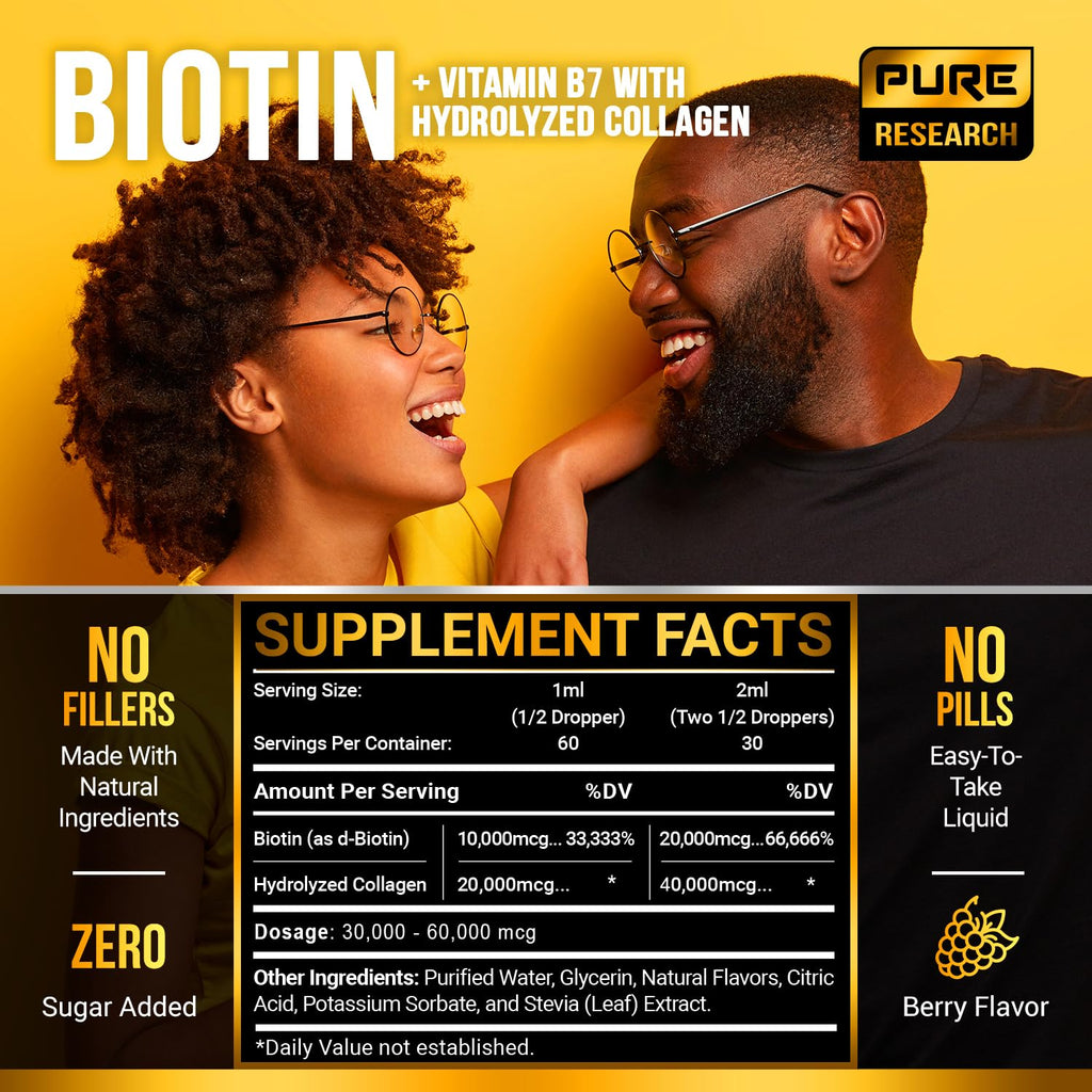 PURE RESEARCH Liquid Biotin & Collagen Hair Growth Drops 60,000mcg - 2 Fl Oz - image 4