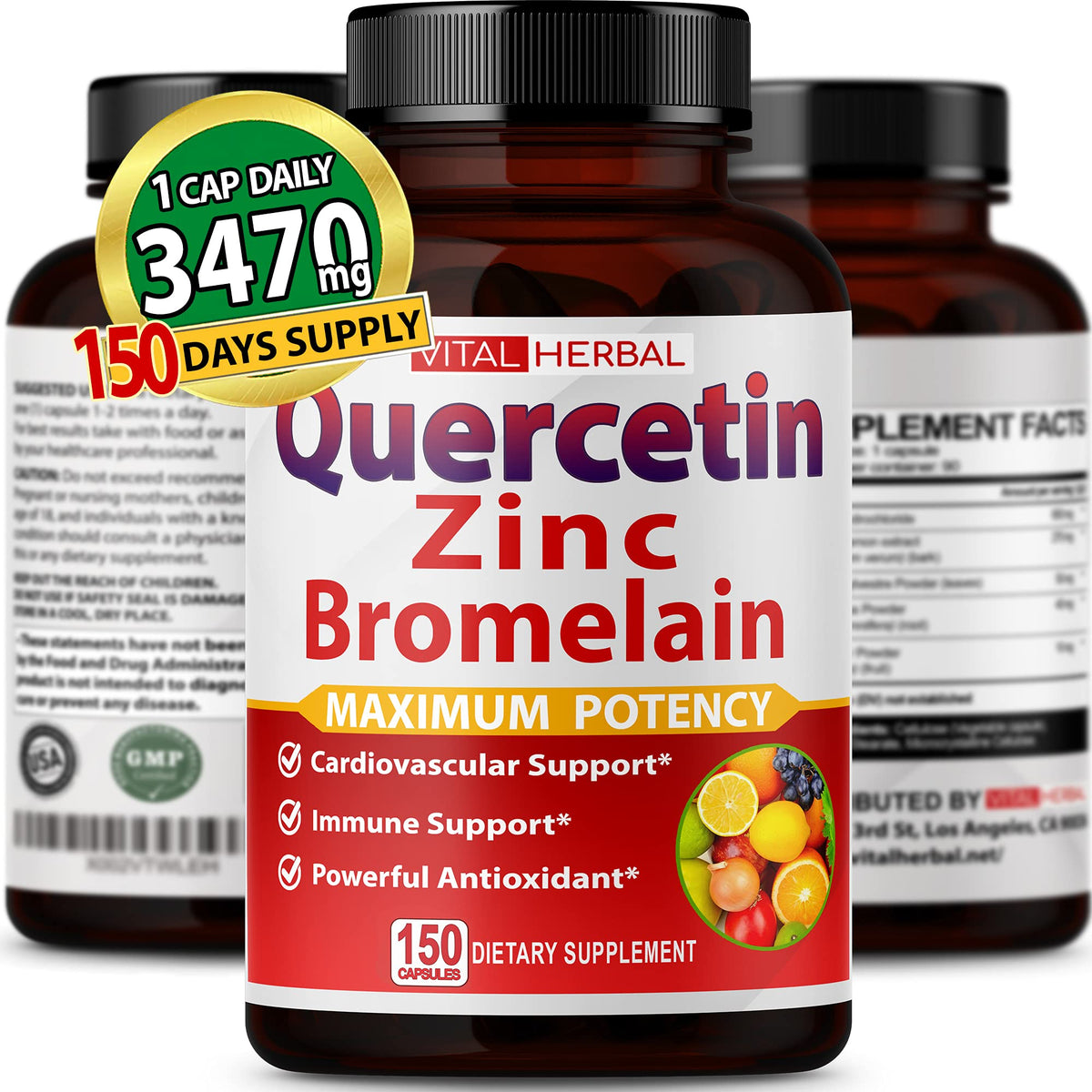 Vital Herbal Quercetin Complex with Zinc & Bromelain - 150 Capsules