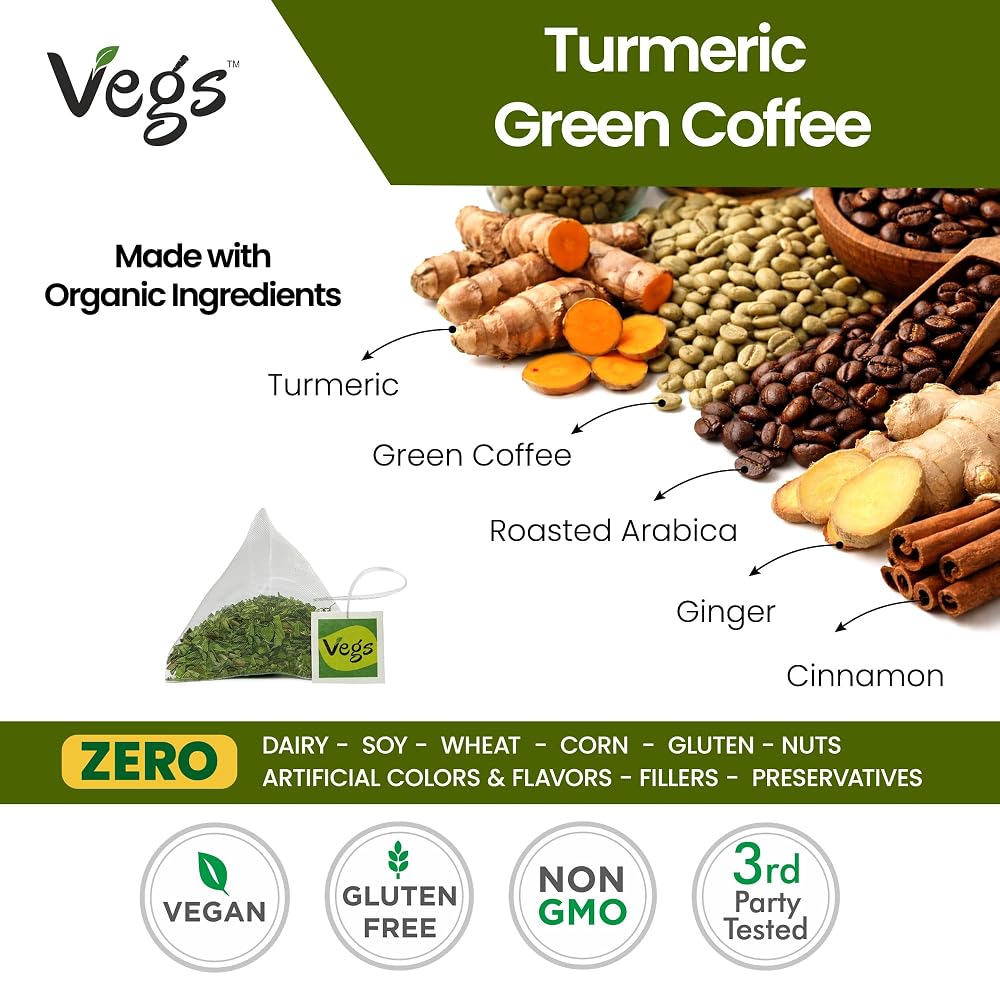 Vegs Turmeric Green Coffee Energy & Focus - 60 Pyramid Bags - image 2